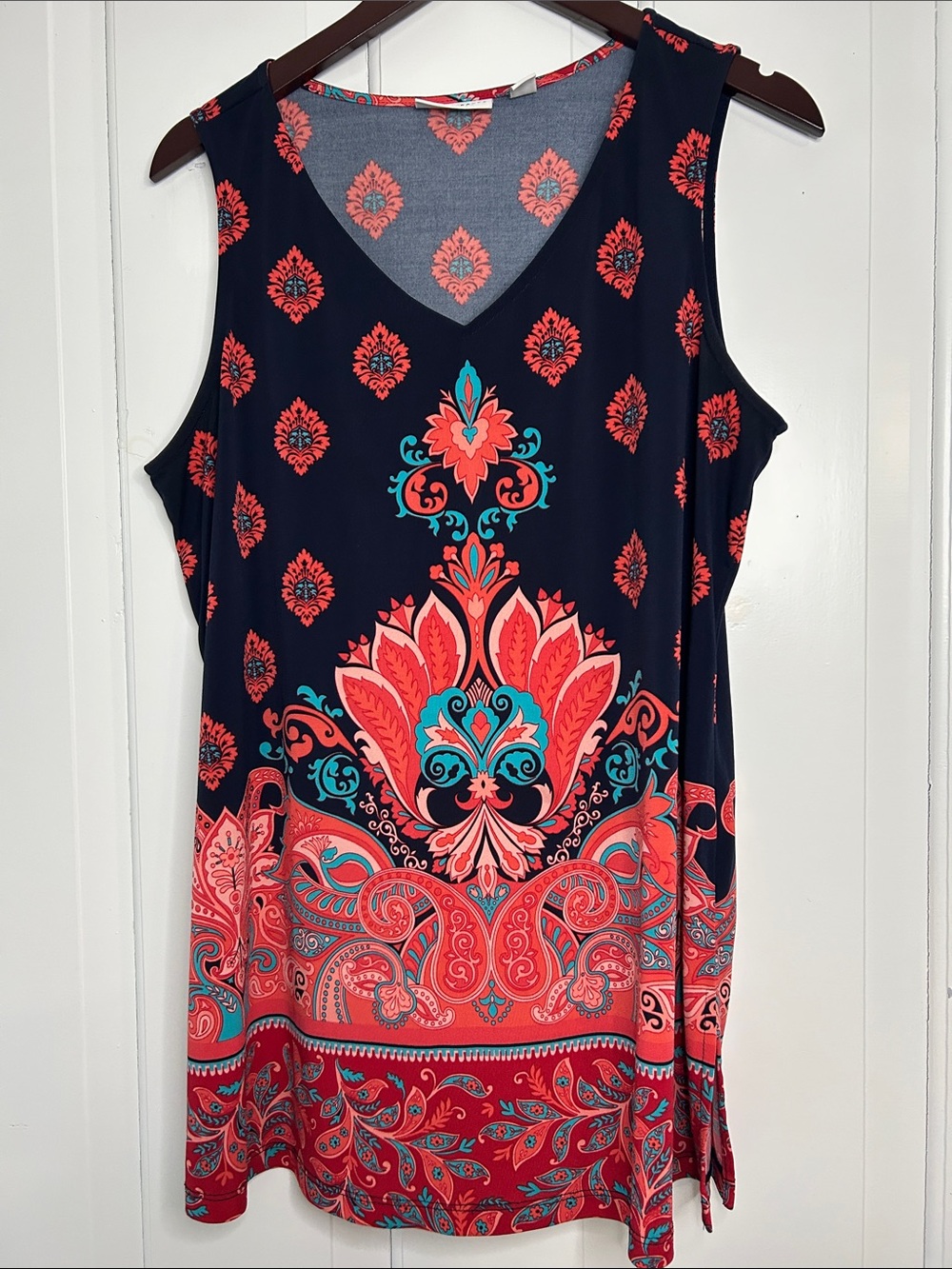 Susan Graver boho Navy Top with Coral and Teal Medallion Print